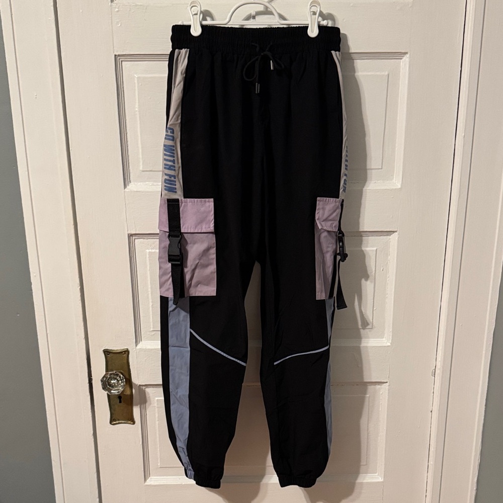 Men's Black Jogger Cargo Pants with Light Purple and Light Blue Accents